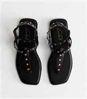 Women's Black Faux Leather Studded Strap Flat Sandals New Look