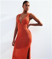 Women's Burnt Orange Metallic Knit Ring Detail Maxi Dress New Look