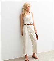 Women's Cream Pinstripe Barrel Leg Belted Tailored Trousers New Look