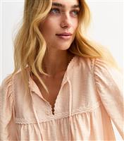 Women's Pink Lace Trim Tie Neck Blouse New Look