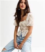 Women's Cream Floral Print Lace Trimmed Tie Front Top New Look
