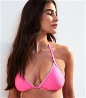 Women's Bright Pink Blanket Stitch Trim Halterneck Bikini Top New Look