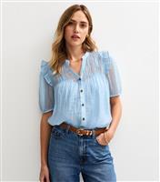 Women's Blue Shirred Bib Frill Sleeve Shirt New Look