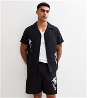 Men's Black Regular Crinkled Floral Embroidered Shorts New Look