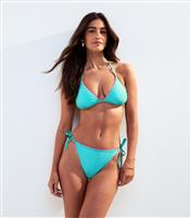Women's Bright Blue Blanket Stitch Trim Tie Side Bikini Bottoms New Look