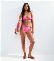 Women's Bright Pink Blanket Stitch Trim Tie Side Bikini Bottoms New Look