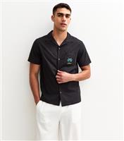 Men's Black Regular Palm Tree Embroidered Revere Collar Shirt New Look