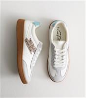 Women's White Faux Leather Glitter Trim Trainers Vegan New Look