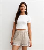 Women's Cream Striped Lace Insert Shorts New Look