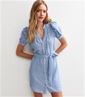 Women's Blue Striped Belted Mini Dress New Look