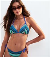 Women's Blue Crochet Striped Halterneck Bikini Top New Look