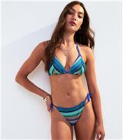 Women's Blue Crochet Stripe Tie Side Bikini Bottoms New Look