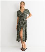 Women's Khaki Animal Print Wrap Style Midi Dress Gini London New Look