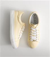 Women's Light Yellow Faux Leather Lace Up Chunky Sole Trainers Vegan New Look