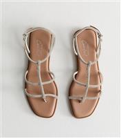 Women's Silver Diamante Embellished Strappy Sandals Vegan New Look