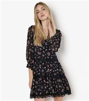 Women's Black Floral Print Lace Trim Mini Dress Apricot New Look