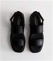 Women's Black Faux Leather Whipstich Trim Flatform Sandals Vegan New Look