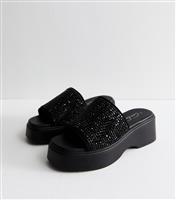 Women's Black Rhinestone Embellished Flatform Mules Vegan New Look