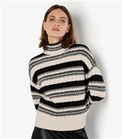 Women's Off White Stripe Pointelle High Neck Jumper Apricot New Look