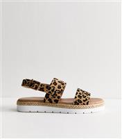 Women's Wide Fit Stone Faux Suede Leopard Print Flatform Sandals Vegan New Look