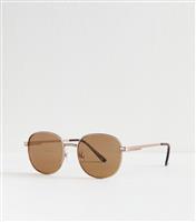 Men's Gold Round Frame Sunglasses New Look