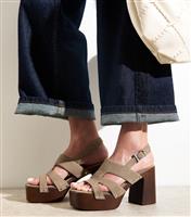 Women's Camel Suedette Block Heel Platform Sandals Vegan New Look