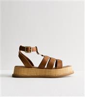 Women's Tan Faux Leather Gladiator Flatform Sandals Vegan New Look