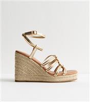 Women's Gold Faux Leather Knotted Strap Wedge Heel Sandals New Look