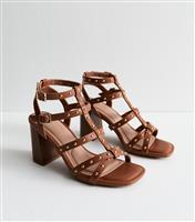 Women's Tan Multistrap Studded Block Heel Sandals Vegan New Look
