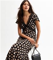 Women's Black Floral Print Lace Trim Midi Dress New Look