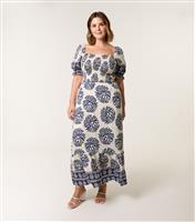 Women's Curve Blue Leaf Print Shirred Maxi Dress Blue Vanilla New Look