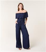 Women's Navy Bardot Metallic Stripe Jumpsuit Blue Vanilla New Look