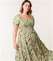 Women's Plus Size Green Zebra Print Shirred Midi Dress Curves Blue Vanilla New Look