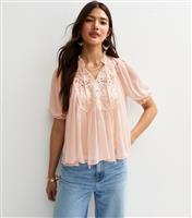 Women's Cream Chiffon Lace Panel Short Sleeve Blouse New Look