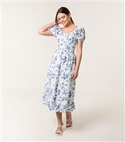 Women's Blue Floral Print Puff Sleeve Midi Dress Blue Vanilla New Look