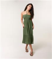 Women's Khaki Halterneck Tiered Midi Dress Blue Vanilla New Look