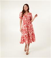 Women's Bright Orange Floral Print Tiered Hem Midi Dress Blue Vanilla New Look