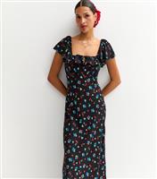 Women's Black Fruit and Floral Print Square Neck Midi Dress New Look