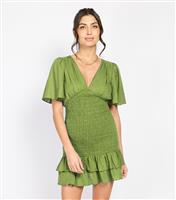 Women's Green Shirred Frilly Hem Mini Dress Little Mistress New Look