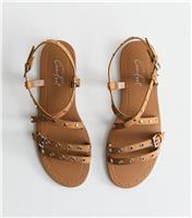 Women's Tan Faux Suede Studded Multi Strap Sandals Vegan New Look