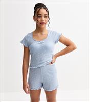 Girls' Blue Ditsy Floral Print Lettuce Trim T-Shirt and Shorts Pyjama Set New Look