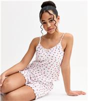 Girls' White Strawberry Print Ribbed Cami and Shorts Pyjama Set New Look