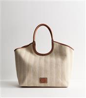 Stone Canvas and Faux Leather Tote Bag New Look