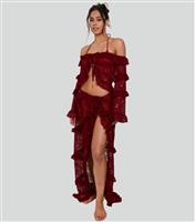 Women's Burgundy Lace Ruffled Maxi Skirt South Beach New Look