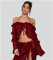 Women's Burgundy Lace Ruffled Off-The-Shoulder Top South Beach New Look
