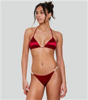 Women's Burgundy Faux Pearl Trim Side Tie Bikini Briefs South Beach New Look