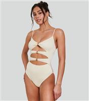 Women's Cream Pleated Texture Cut Out Swimsuit South Beach New Look