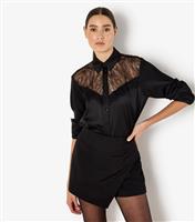 Women's Black Lace Insert Satin Shirt Apricot New Look
