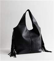 Black Faux Leather Fringed Tote Bag New Look