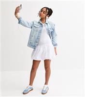 Girls' White Puff Ball Racerback Ribbed Mini Dress New Look